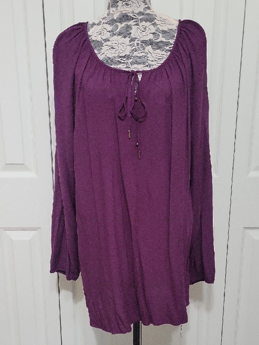 Women's Purple Peasant Blouse with Tie Neck